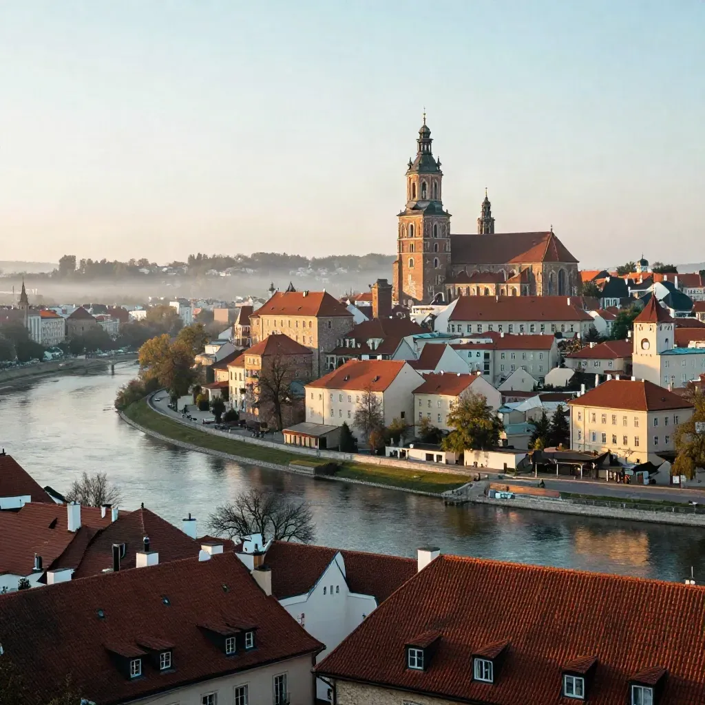 Widok Krakowa o świcie: Wawel i dachy nad mglistą doliną, dużo spokojnej przestrzeni.