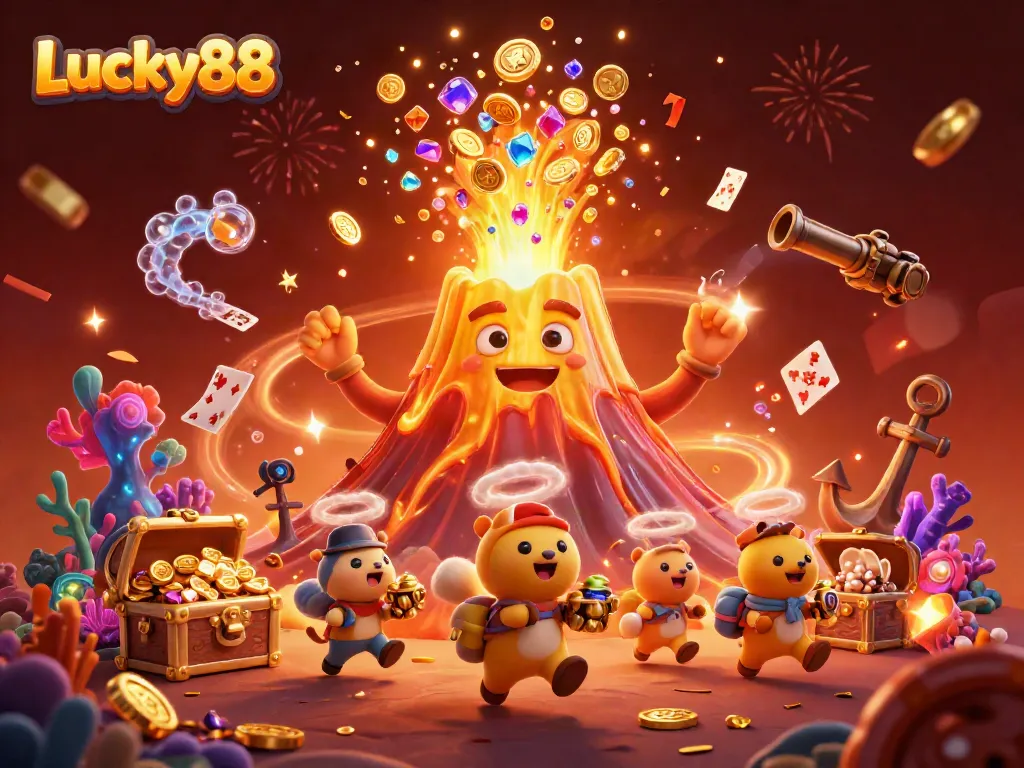 Experience the excitement with Lucky88 as golden treasures erupt in a vibrant casino scene.