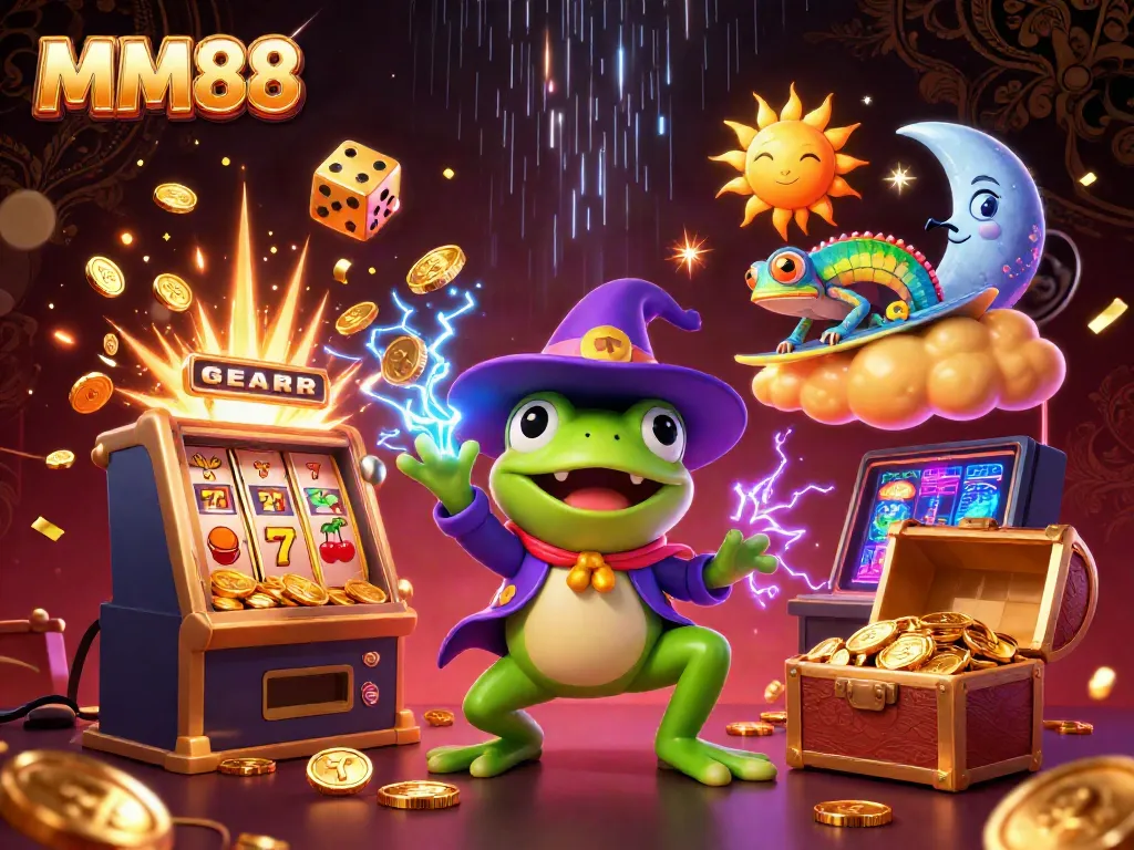 Experience MM88 with a dynamic scene of a wizard frog amidst a jackpot explosion and vibrant casino elements.