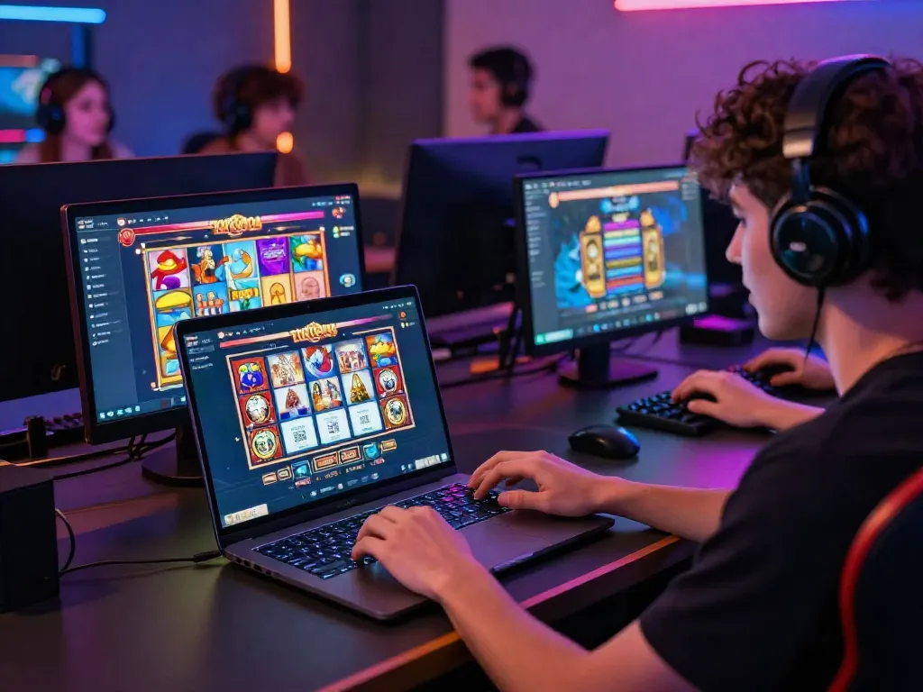 Online gaming setup featuring server Thailand slot games and TOKYO404 app interface, vibrant user experience.