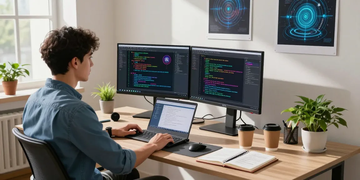 Spotlight on crush ai development in a vibrant tech workspace with dual screens displaying complex algorithms and design tools.