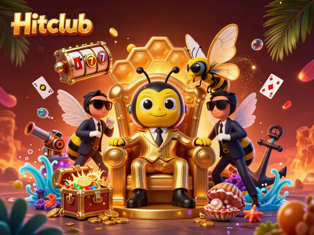 Hitclub brings excitement to casino gaming with a vibrant scene of a mob boss and characters amidst slot machine elements.