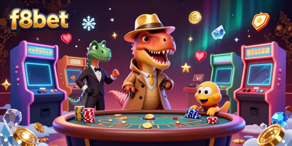 F8BET's velociraptor card counter engages in a high-stakes blackjack game amidst vibrant gaming elements.