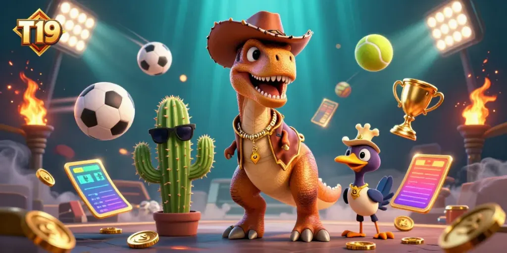 T19 showcases a vibrant casino scene where a cowboy dinosaur, cactus, and roadrunner interact among sports bets and trophies, enhancing online gambling excitement.