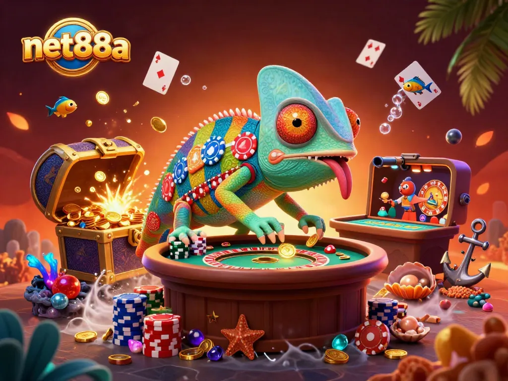 Experience exceptional gaming with net88a's vibrant casino scene, featuring a chameleon owner and floating treasure elements.