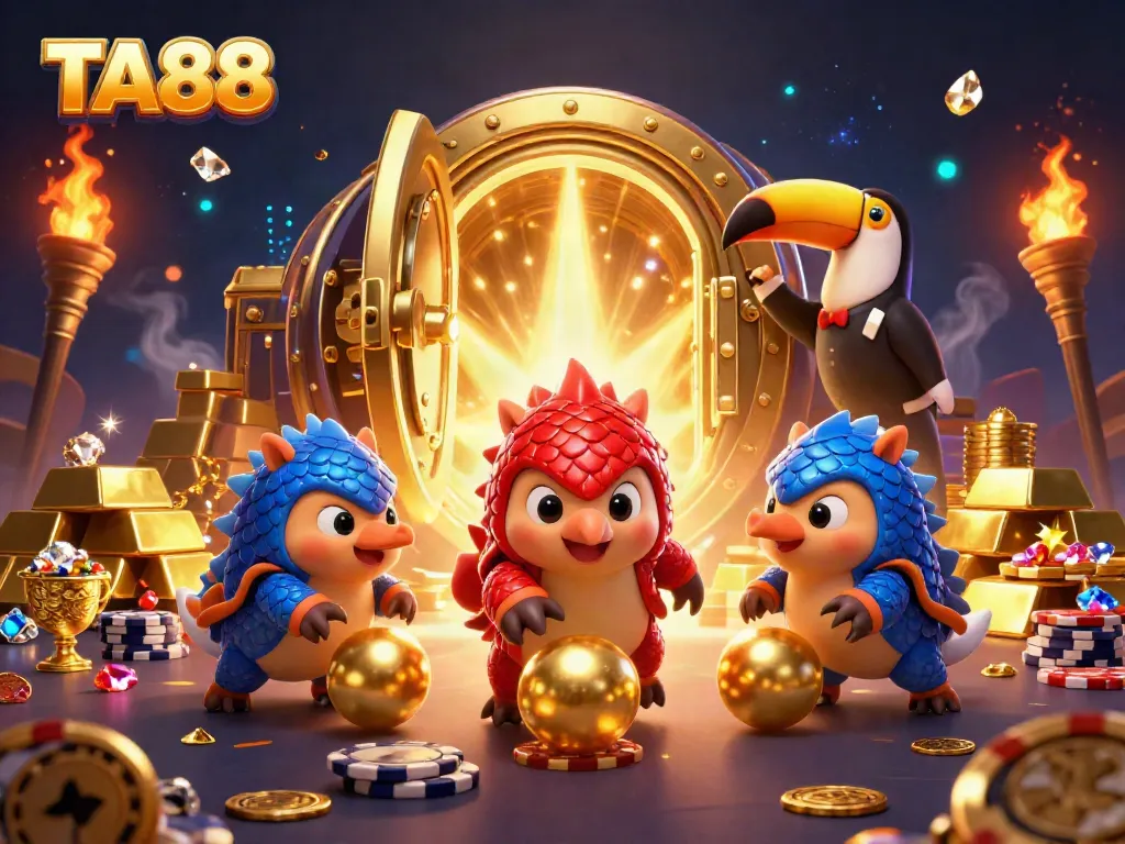 TA88 pangolins roll golden balls while bowling chips at an online casino backdrop.