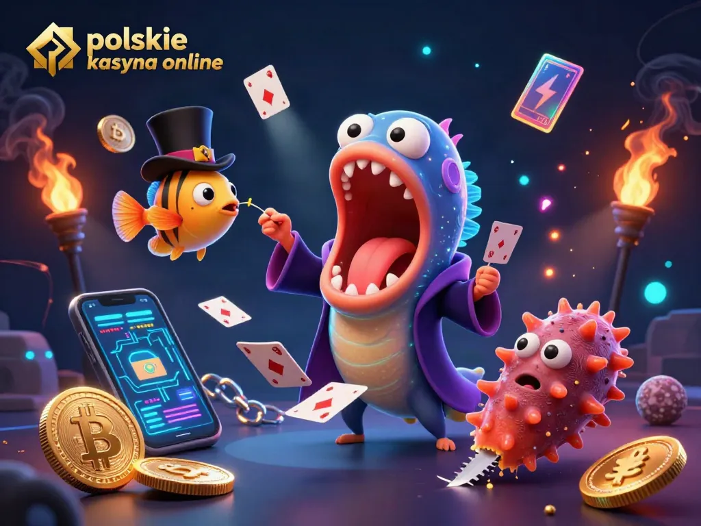 Engaging scene of polskie kasyna online with a magical deep-sea eel performing card tricks amidst crypto elements.