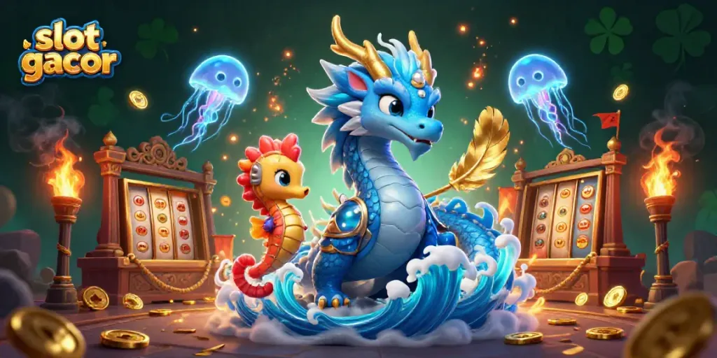 Menangkan slot gacor dengan ilustrasi warna-warni naga air, kesatria kuda laut, dan ubur-ubur neon.
