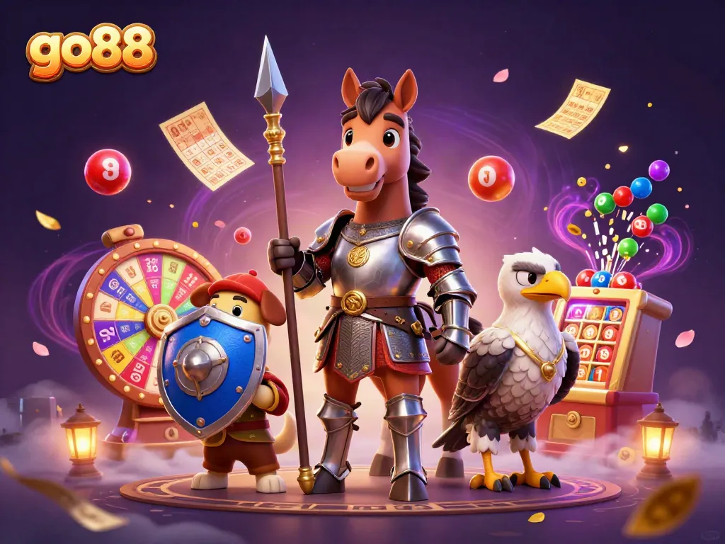 Experience the excitement of go88 with knights, colorful lottery balls, and a dynamic casino scene.
