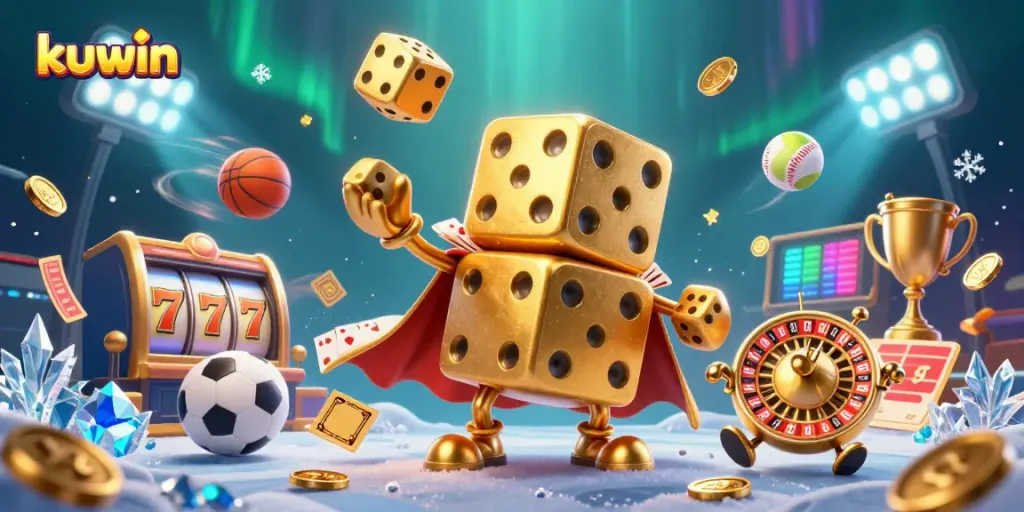 Kuwin offers a vibrant gaming experience with a dynamic golden dice golem and casino elements surrounding it.
