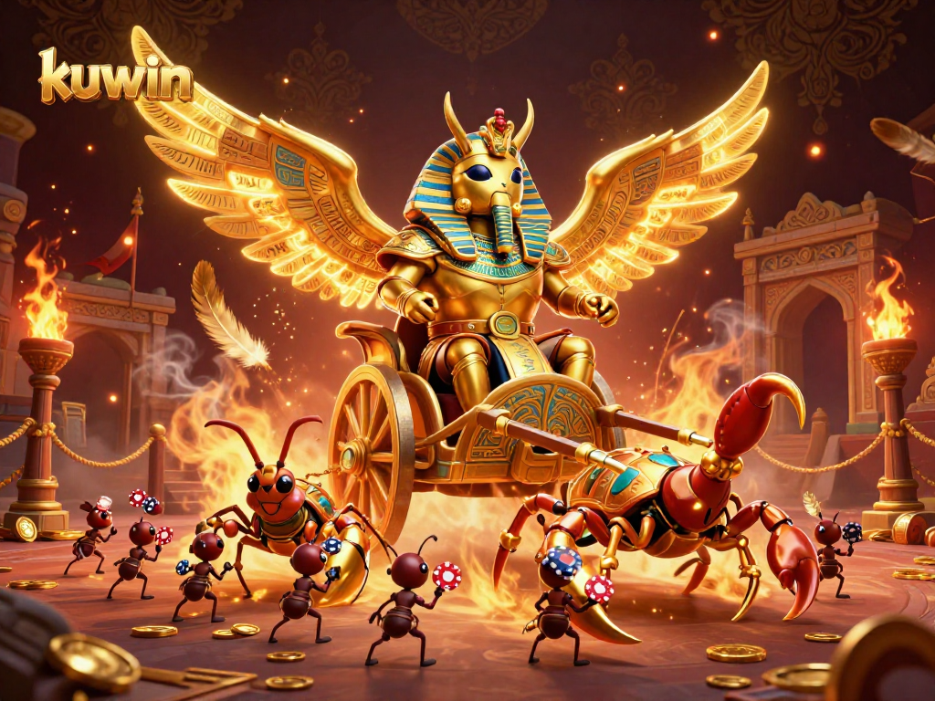 Kuwin presents an exciting chariot race featuring a golden scarab beetle and scorpions in a vibrant casino setting.
