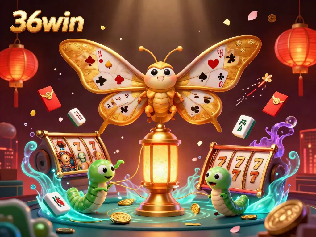 Experience the excitement of 36win with golden card-suited moths and vibrant casino elements.