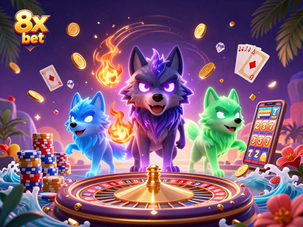 Experience the thrill of 8x bet with a dynamic casino scene featuring ghostly wolves and vibrant game elements.