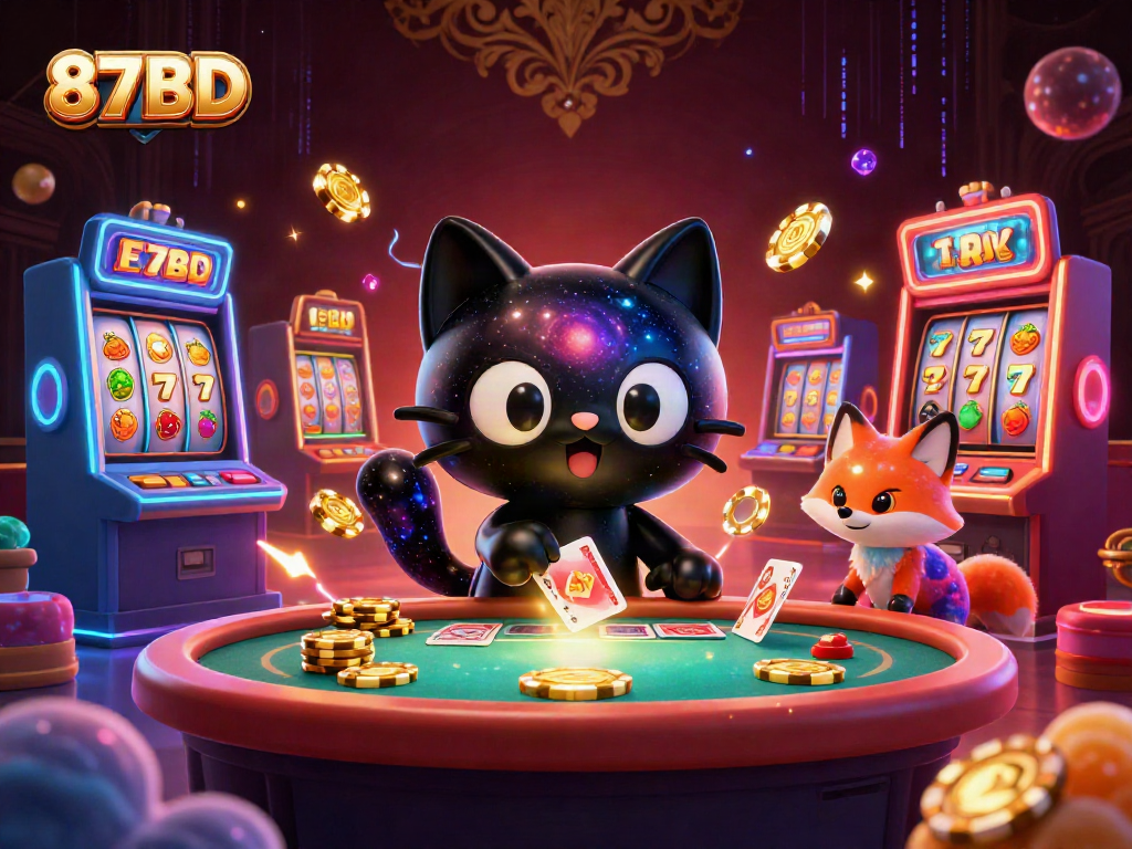 Engage in cosmic gameplay with the 87BD black hole cat at a vibrant slot table.