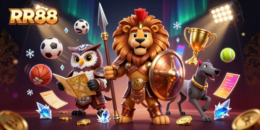 Engaging RR88 casino scene showcases sports betting excitement with a Spartan lion, owl strategist, and greyhound amidst dynamic gaming elements.