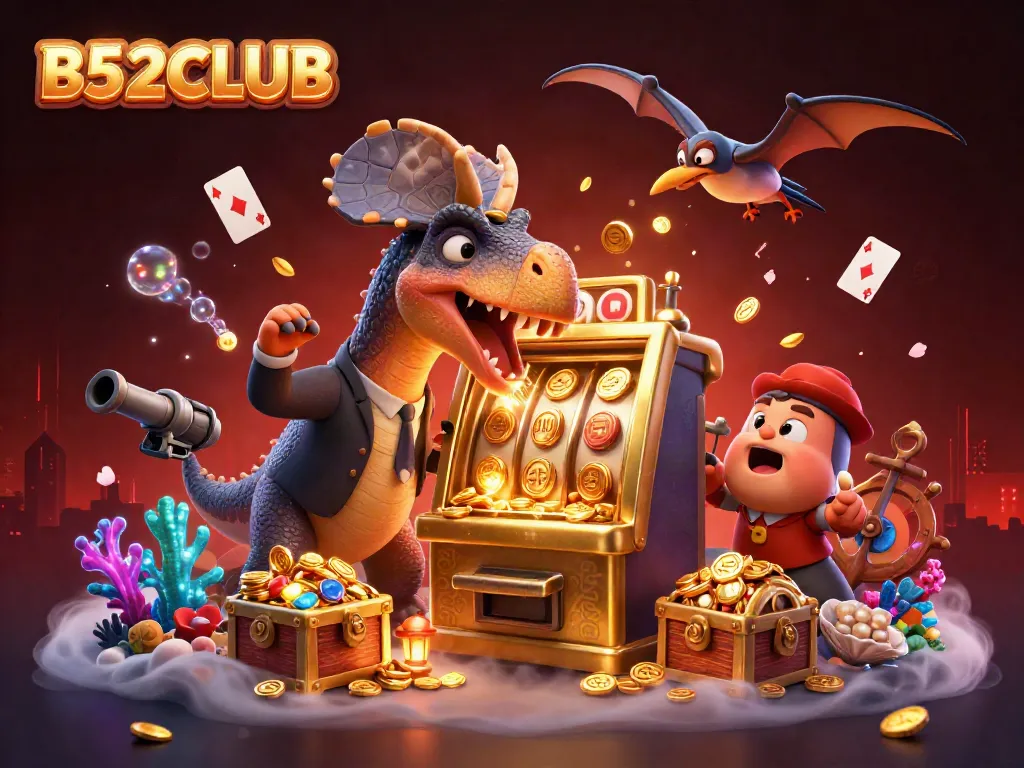 B52CLUB jackpot scene with a pachycephalosaurus and a casino manager amidst gold coins and games.