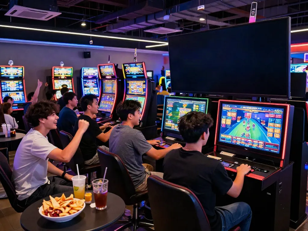 Situs slot gacor gaming lounge with excited players, vibrant lights, and dynamic atmosphere