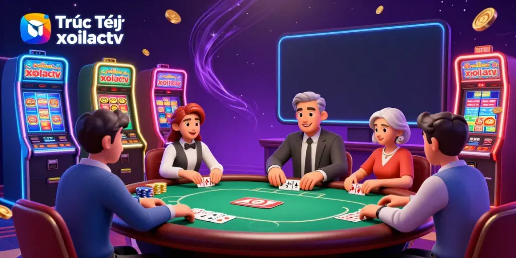 Experience exciting betting action with Trực Tiếp xoilactv in a bustling casino scene featuring live games and vibrant atmosphere.