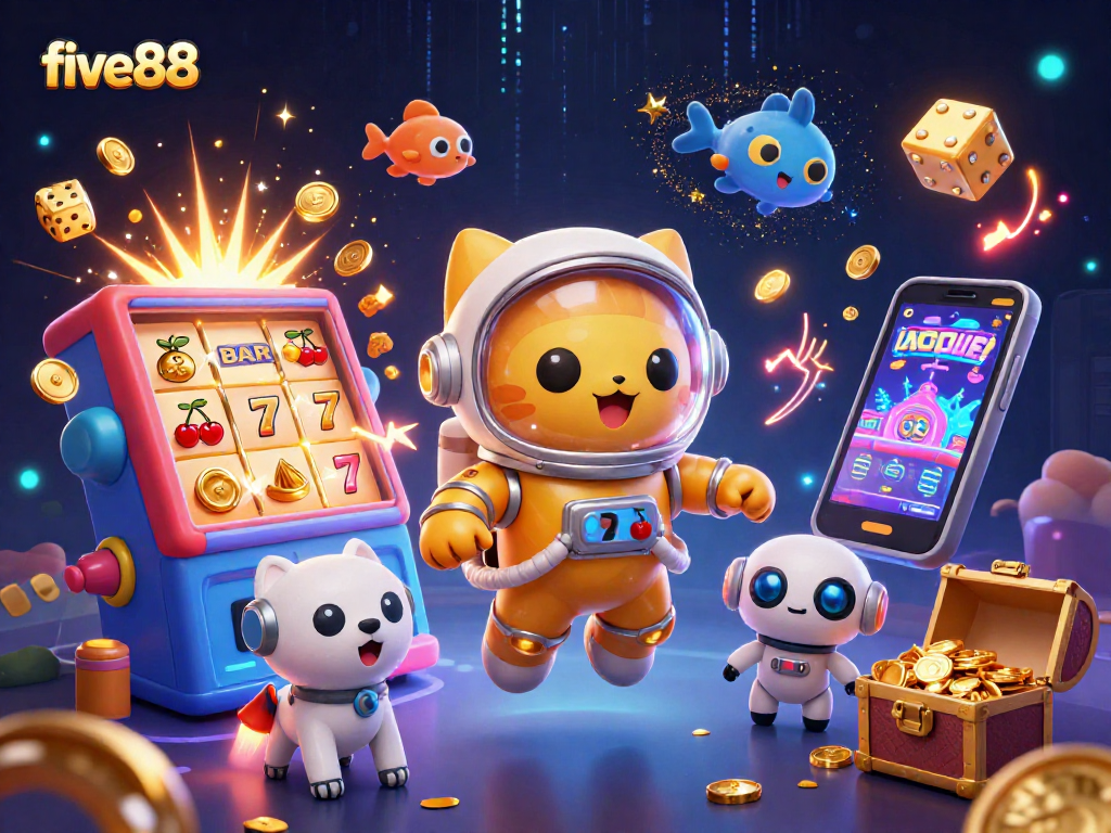 Experience five88's lively gaming atmosphere with a whimsical 3D cat astronaut and casino elements.