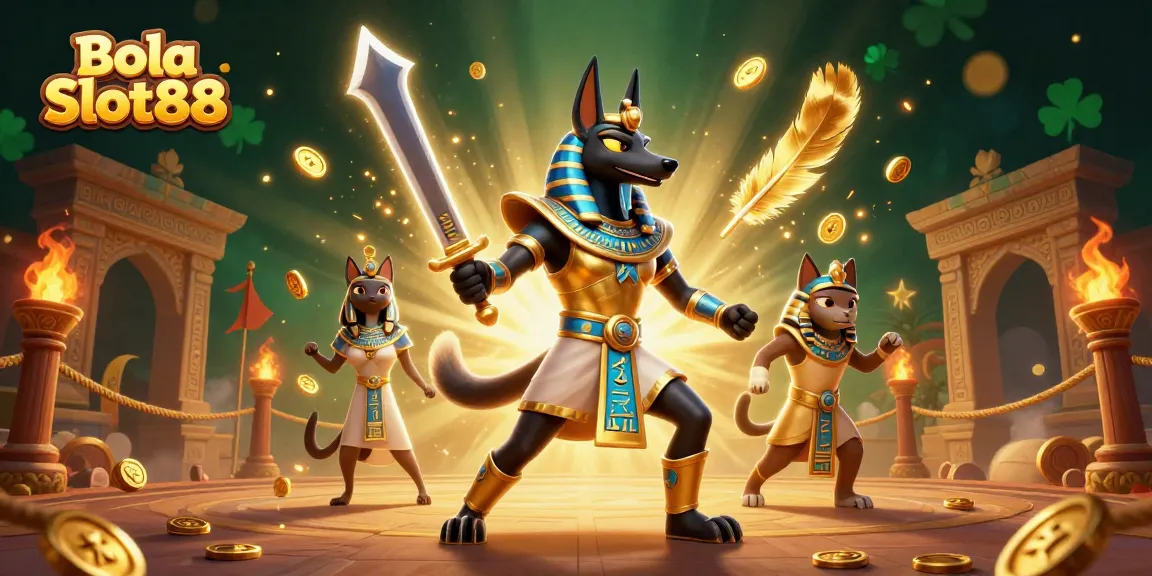 Bola Slot88 features Anubis and Bastet in an exciting 3D slot gaming scene with ancient themes.