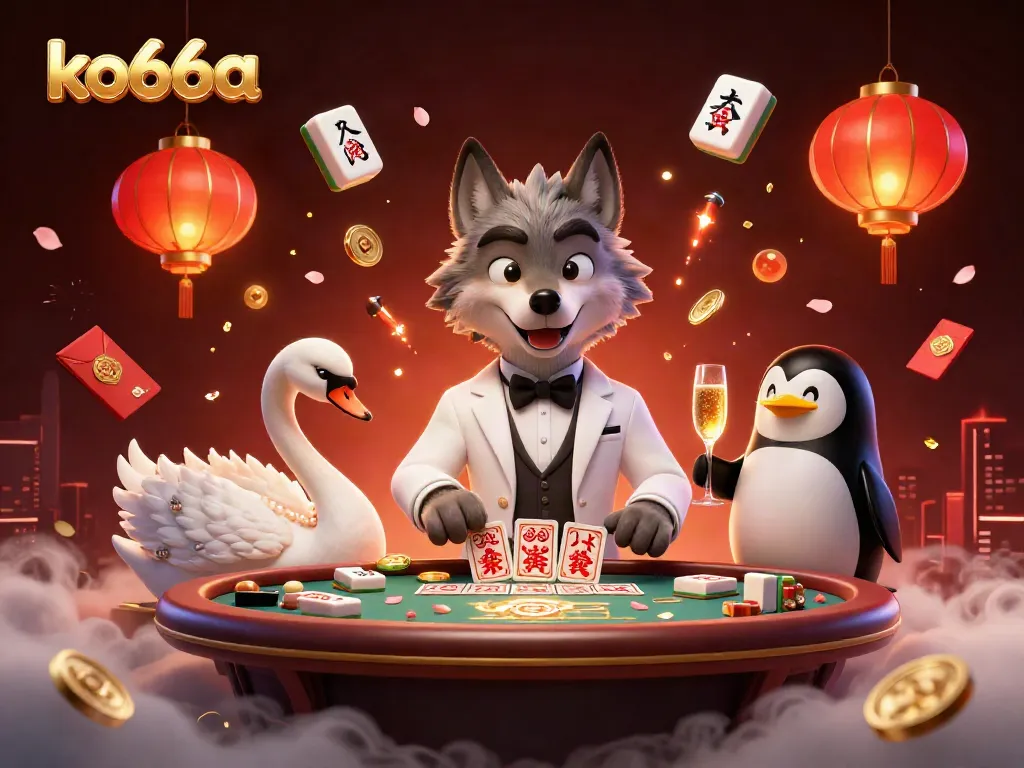 Experience engaging baccarat action with the ko66a character scene featuring a wolf, swan, and penguin