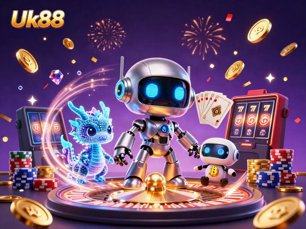 Experience the thrilling world of Uk88 with a vibrant 3D casino scene filled with dynamic characters and lively gaming elements.