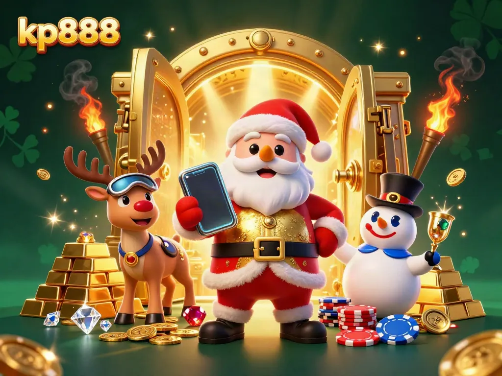 Experience vibrant casino fun with kp888 as Santa, his reindeer, and a snowman celebrate jackpots in a treasure scene.