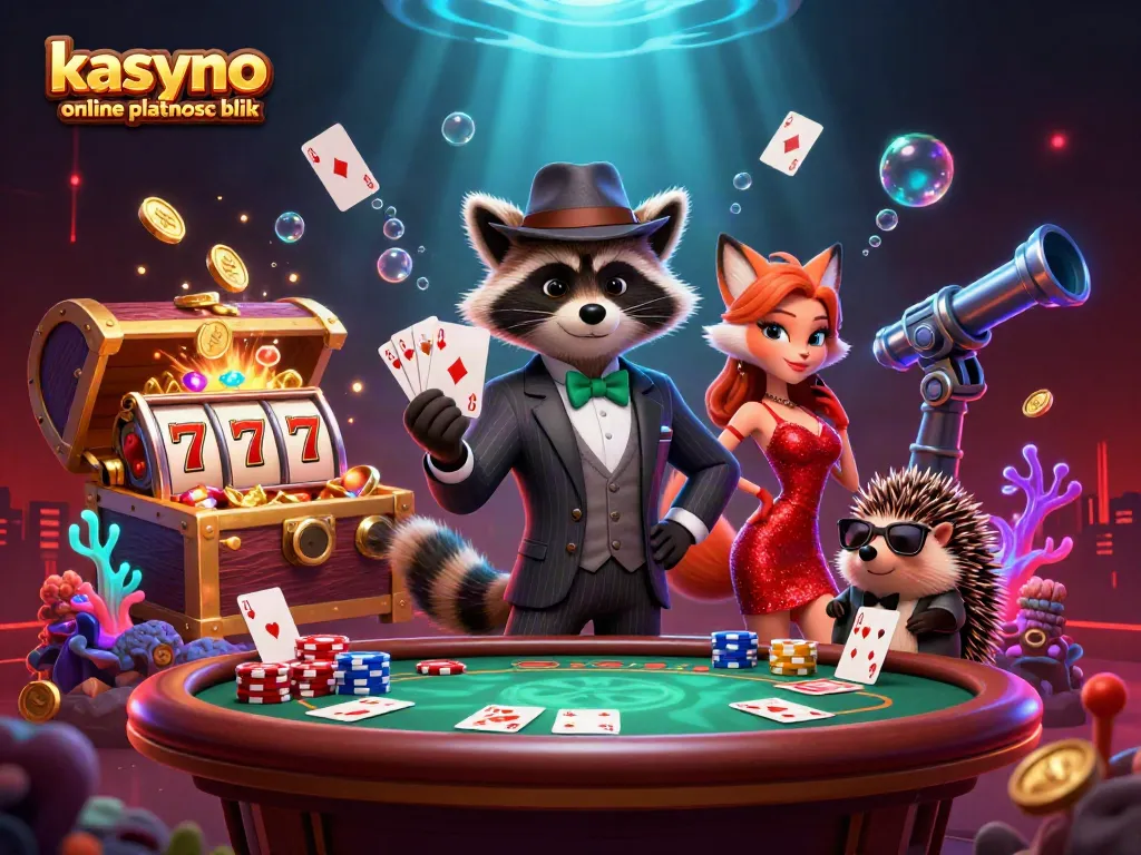 Experience kasyno online platnosc blik with our cartoon raccoon, fox, and hedgehog in a lively casino scene.