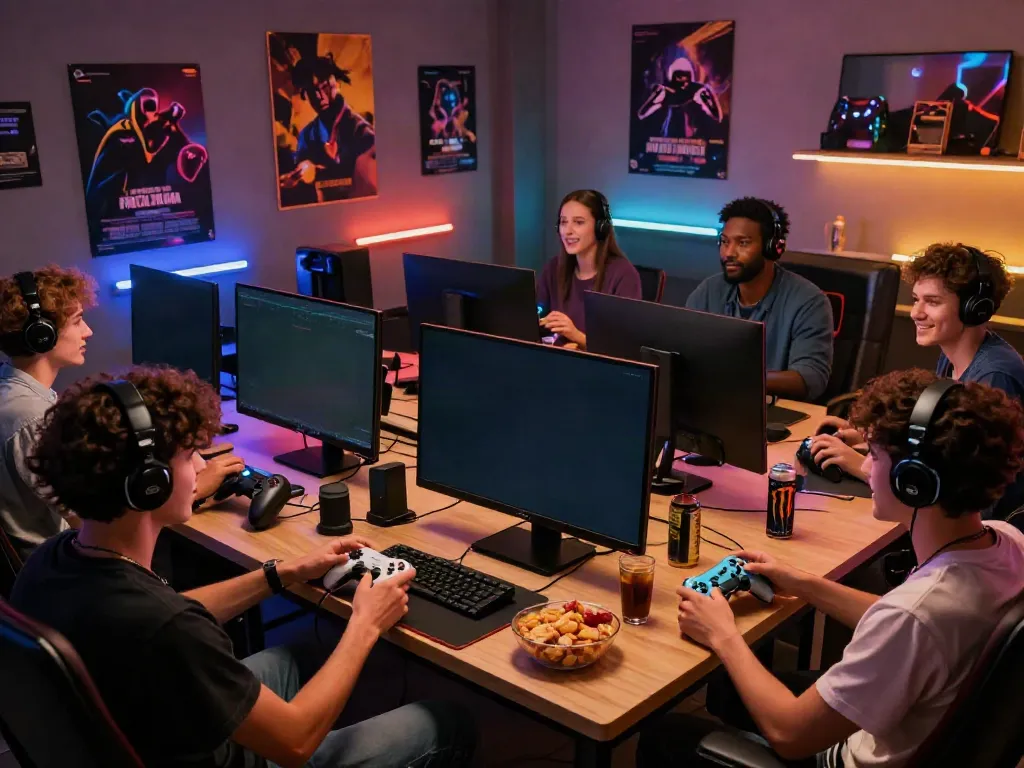 Friends eagerly playing exciting multiplayer games at a vibrant gaming hub scene exploring kilat404 together.