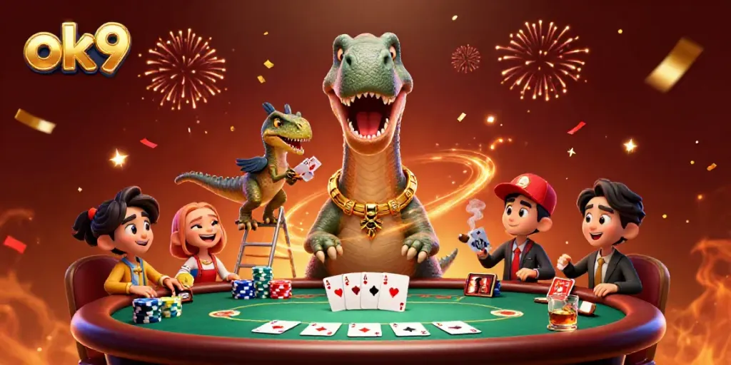 Experience the thrill of gambling at ok9 with a vibrant 3D casino scene featuring a brontosaurus and a clever raptor.