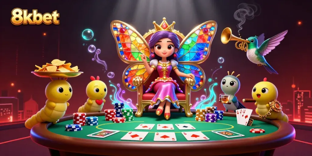 Experience the thrill of 8xbet casino with this vibrant 3D illustration showcasing dynamic poker elements.