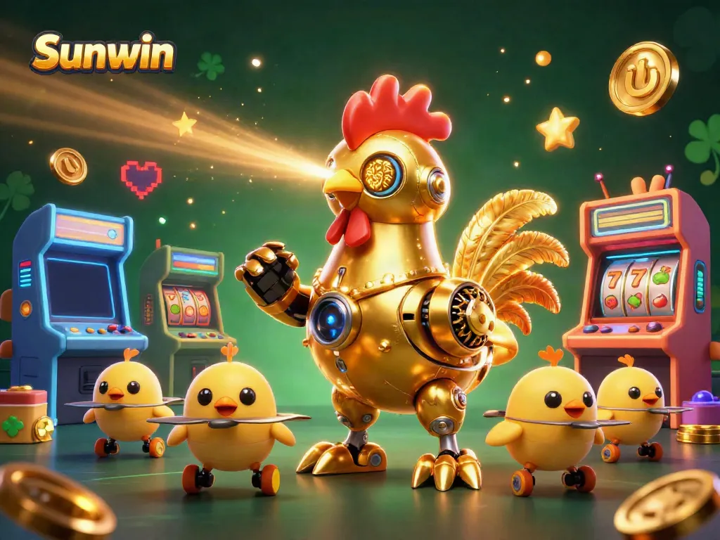 Engage in thrilling gaming with Sunwin's vibrant 3D casino illustration featuring retro elements