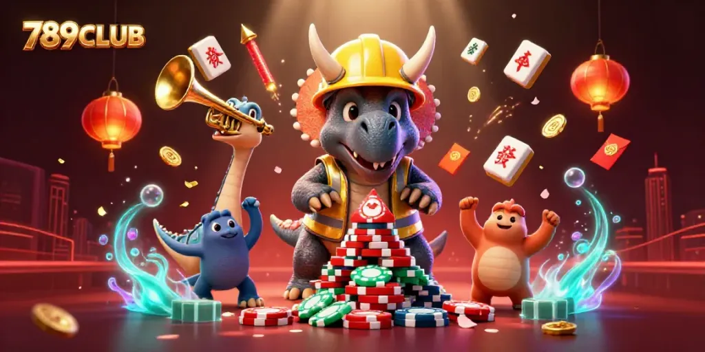Experience the excitement of 789CLUB with vibrant casino characters and games in a dynamic scene.