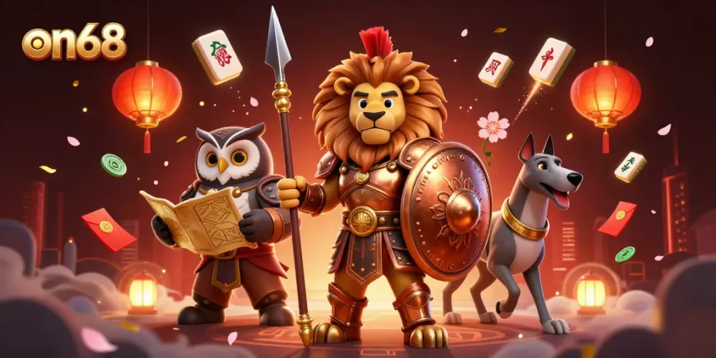 Engage in the thrilling world of on68 with a vibrant casino scene showcasing a heroic Spartan lion, an owl strategist, and a messaging greyhound.