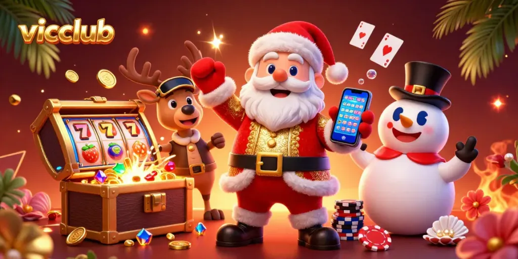 Spin slots with vicclub's Santa, reindeer, and snowman amidst gold and gems.