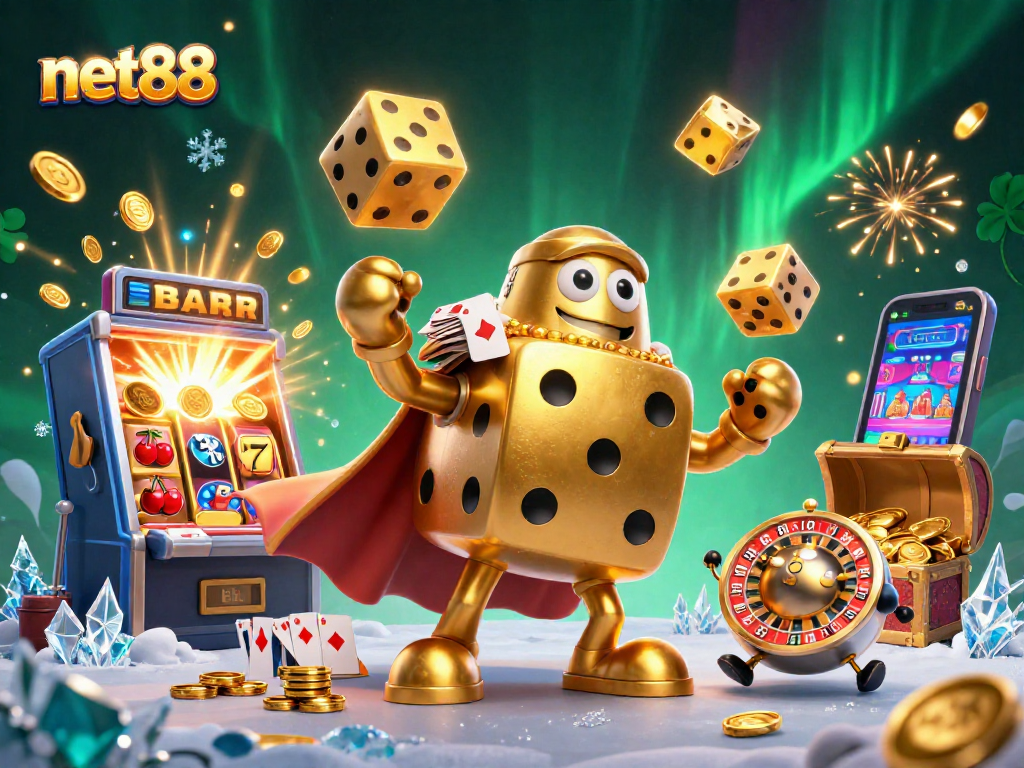 Engage in thrilling gameplay with net88's stunning 3D casino illustration capturing golden dice, vibrant slots, and excitement.