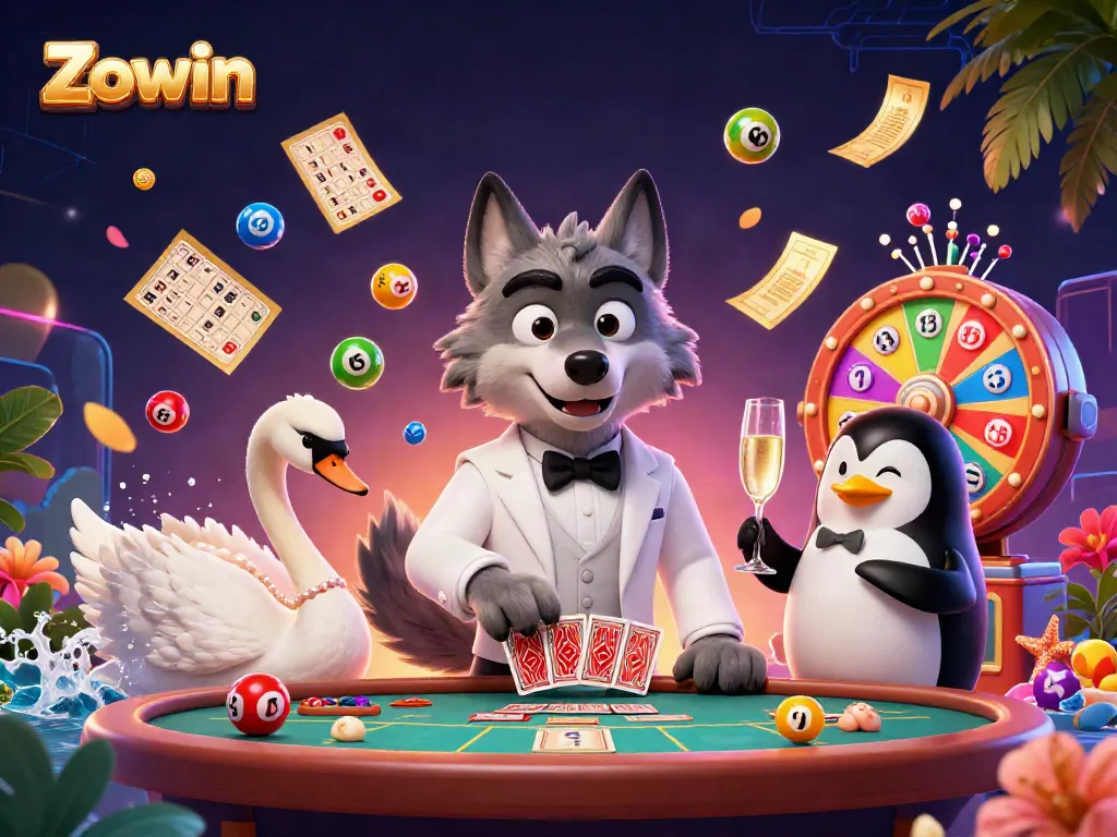 Engage in thrilling games at Zowin's dynamic casino with cartoon characters and exciting elements.
