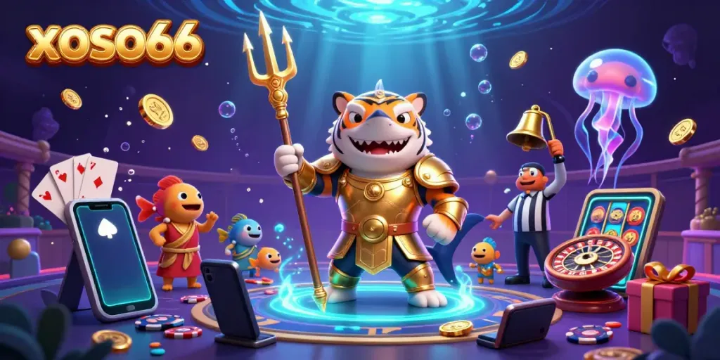Experience the exhilarating world of xoso66 with a vibrant underwater casino scene showcasing a tiger shark and exciting gaming elements.