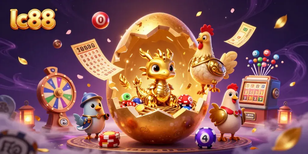 Experience the thrill of lc88 as a golden dragon emerges from a golden egg amidst casino elements.
