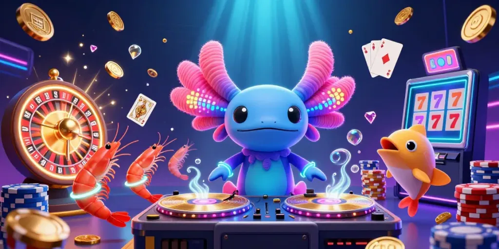 Experience the excitement of the best mobile online casinos with a lively underwater DJ party illustration.