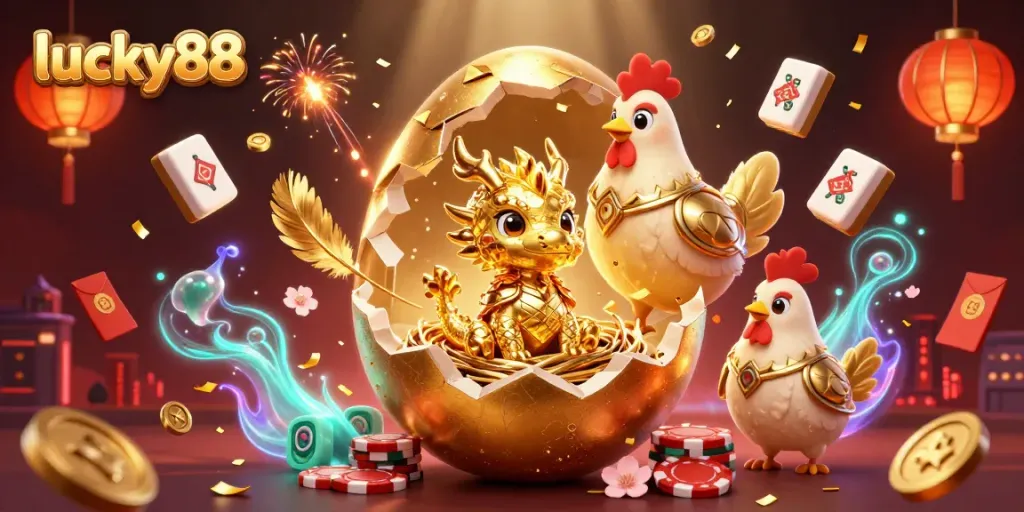 Experience lucky88 at this vibrant online casino scene with golden dragon and poker chips.