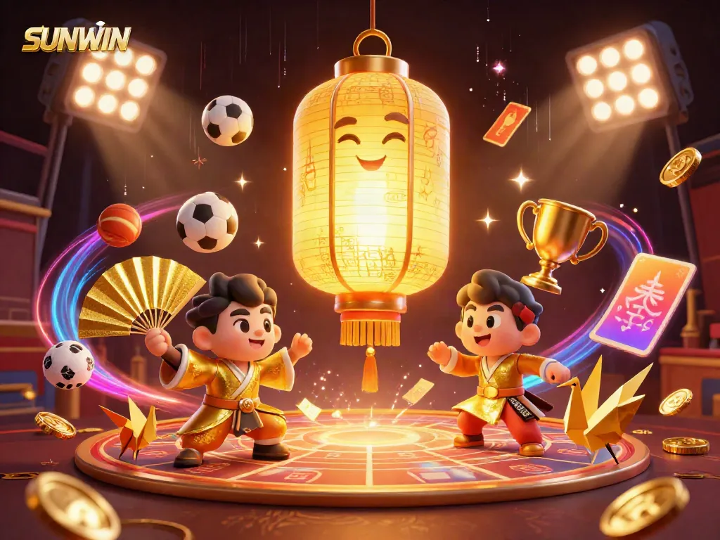 Experience SUNWIN's exciting games with a giant golden lantern spirit above a vibrant casino scene.
