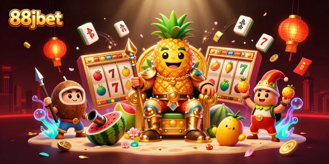 Engage in thrilling gameplay with 88jbet's vibrant casino scene featuring a golden pineapple king and slot reels.