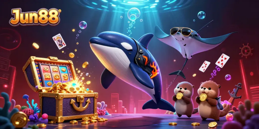 Experience the vibrant underwater excitement of Jun88 with a dynamic casino scene featuring playful characters and treasures.