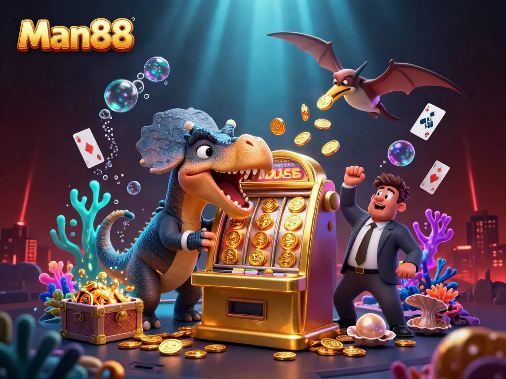 Experience the excitement of Man88 with a pachycephalosaurus hitting a jackpot, surrounded by vibrant casino elements.