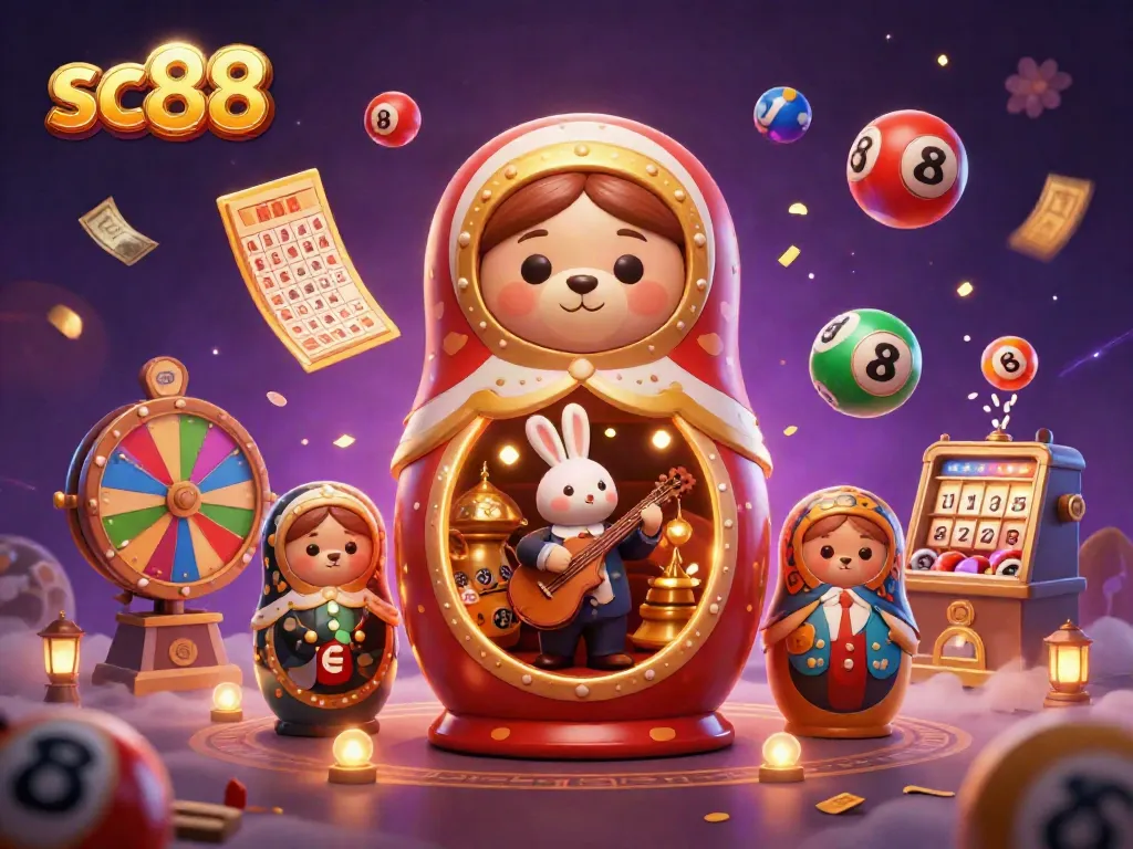 Bộ sưu tập gấu Matryoshka trong không gian casino trực tuyến sc88, tạo cảm giác thú vị với các yếu tố xổ số và khuyến mãi.