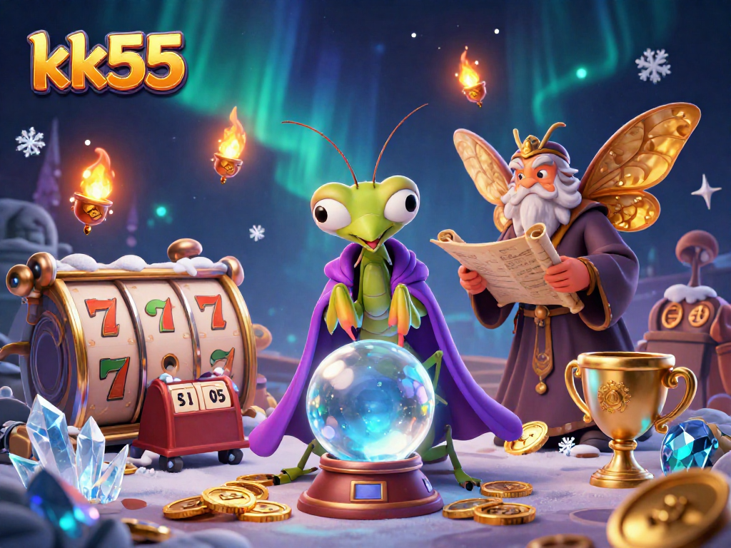 Engage with kk55's spectacular casino universe featuring a vibrant scene of a fortune teller and mystical elements, filled with slot game excitement.
