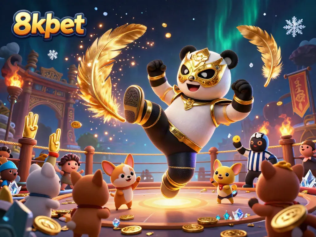 Experience thrilling action at 8xbet featuring a dynamic scene with a lucha libre panda and a referee.