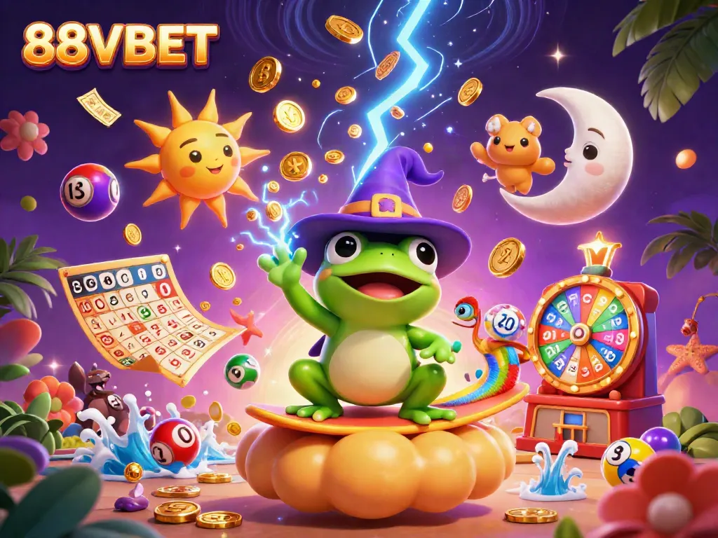 Join the excitement at 88VBET with a striking scene of a weather wizard frog conjuring coins and a chameleon surfing golden clouds.