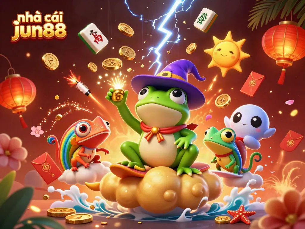 Experience the thrill at nhà cái jun88 with animated characters celebrating casino wins in a vibrant backdrop of gold coins and lanterns.
